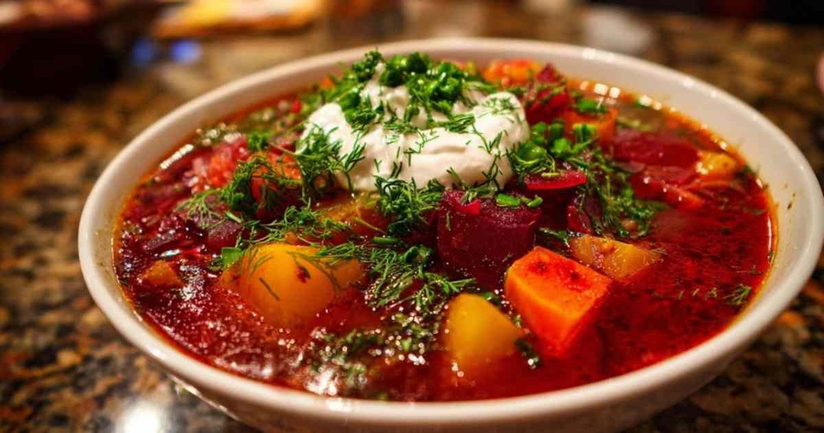  Bortsch ukrainien traditionnel garni de crème sure et d’herbes fraîches