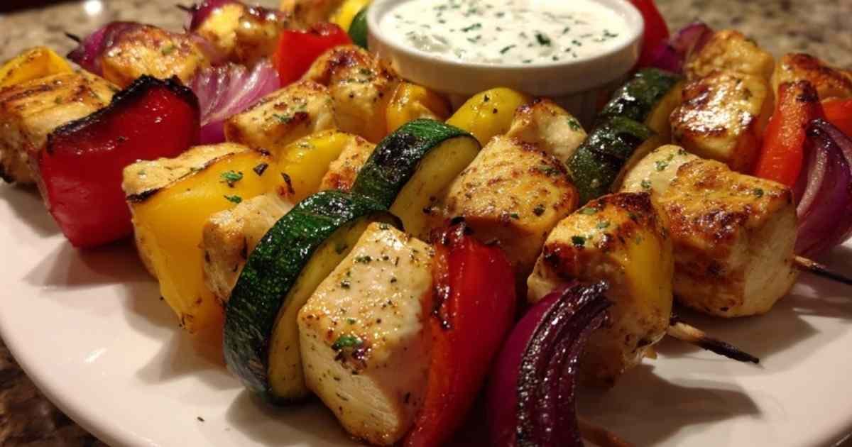 Brochettes de poulet grecques servies avec tzatziki et pain pita