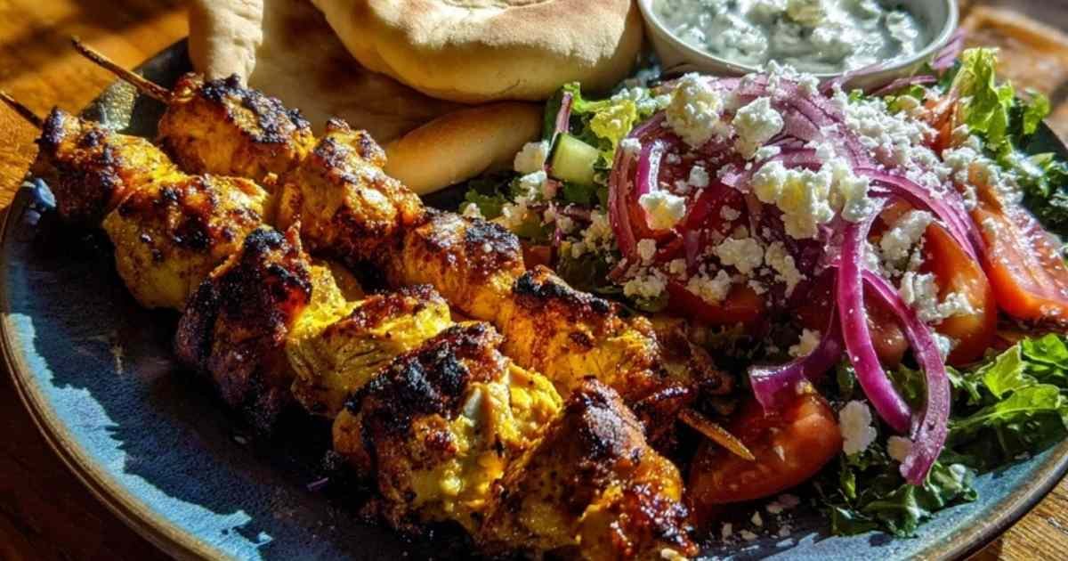 Brochettes façon souvlaki grec cuites et dorées