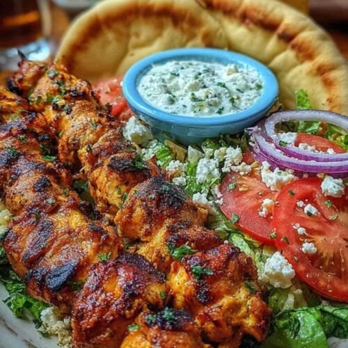 Assiette complète de brochettes façon souvlaki avec tzatziki et accompagnements