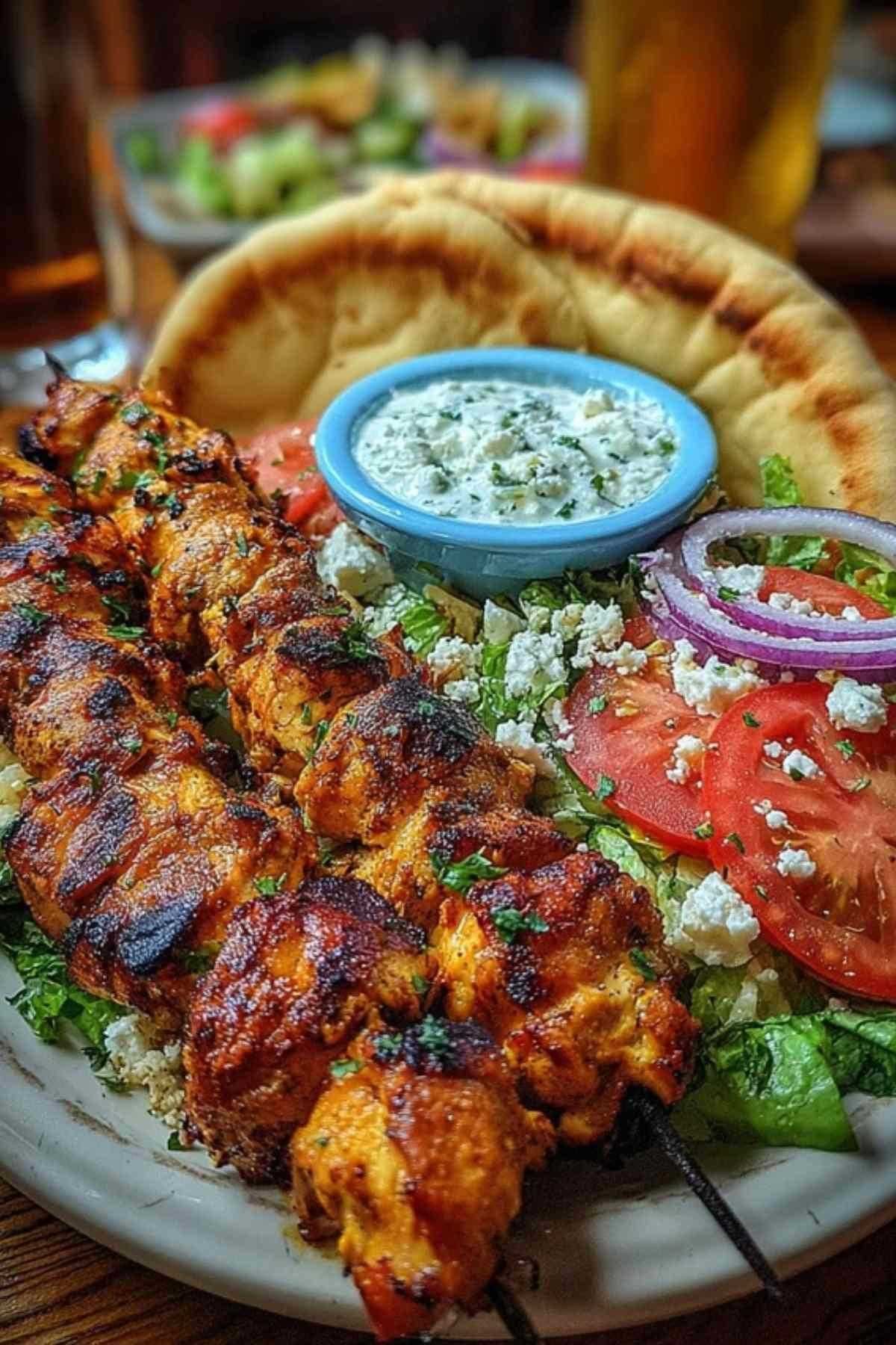 Assiette complète de brochettes façon souvlaki avec tzatziki et accompagnements