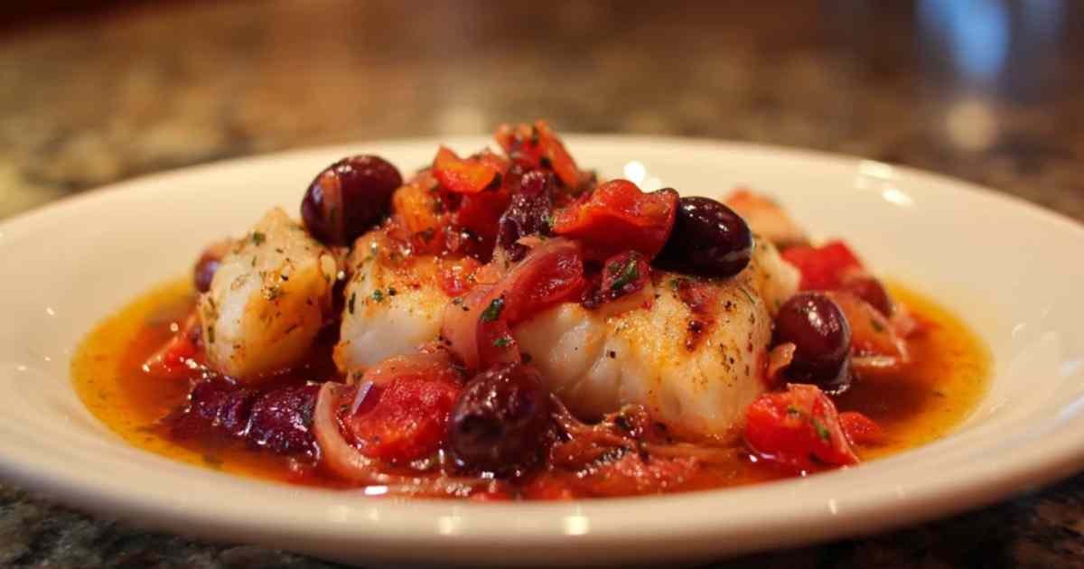 Cabillaud raïto servi avec sauce tomate aux câpres et olives