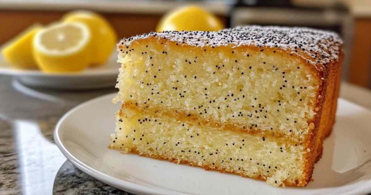 Tranche de cake au citron et graines de pavot montrant la texture moelleuse