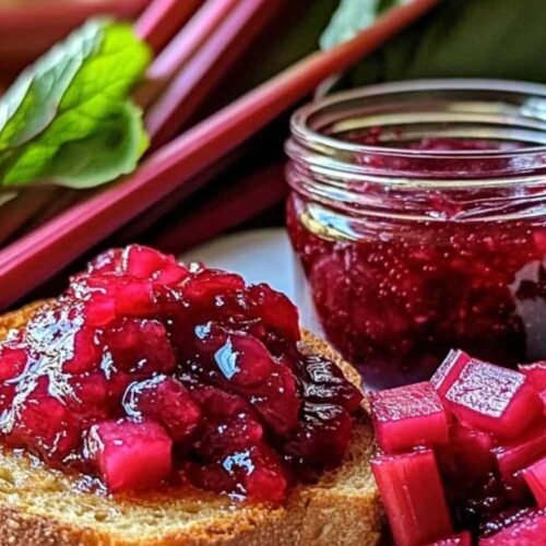 Pots de confiture de rhubarbe et fraises au sirop d’érable