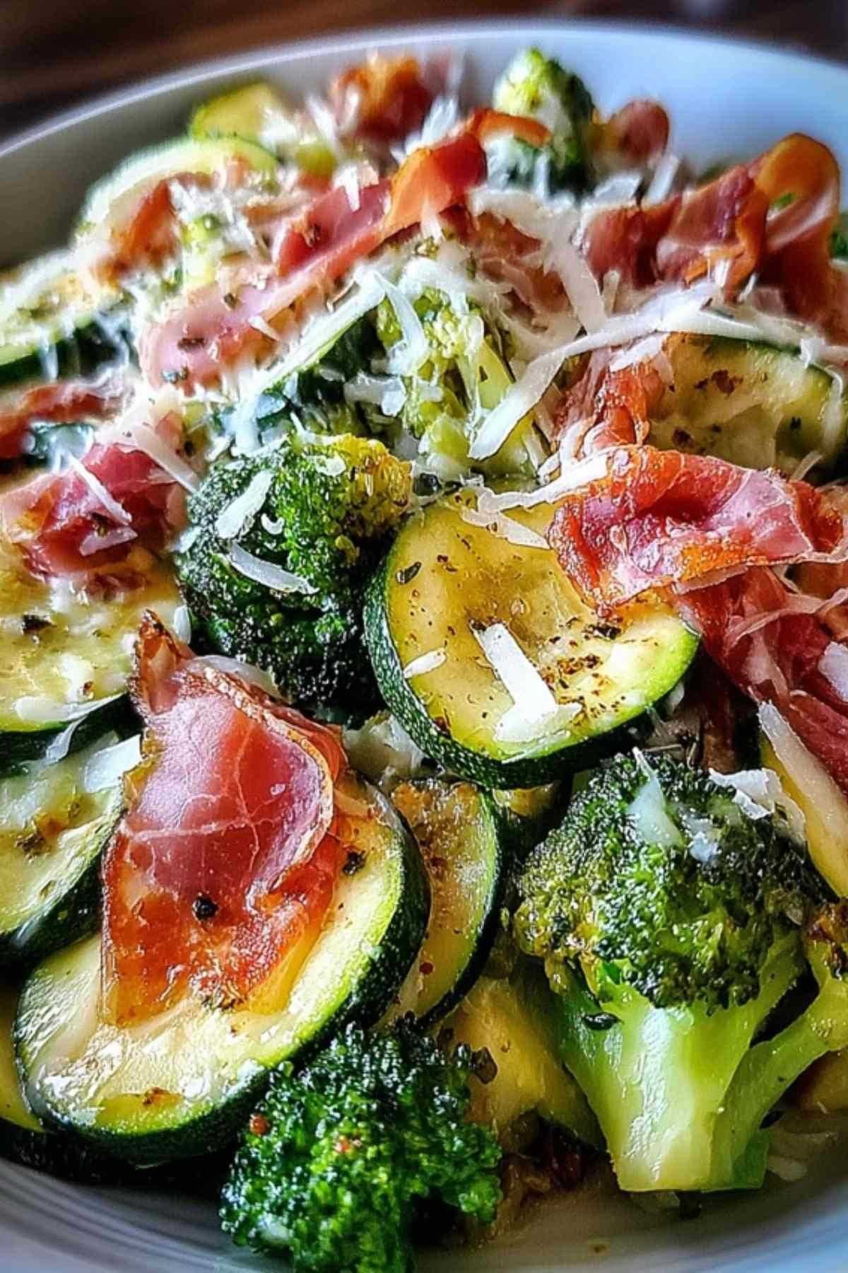 Courgettes poêlées aux brocolis avec crème fraîche et jambon