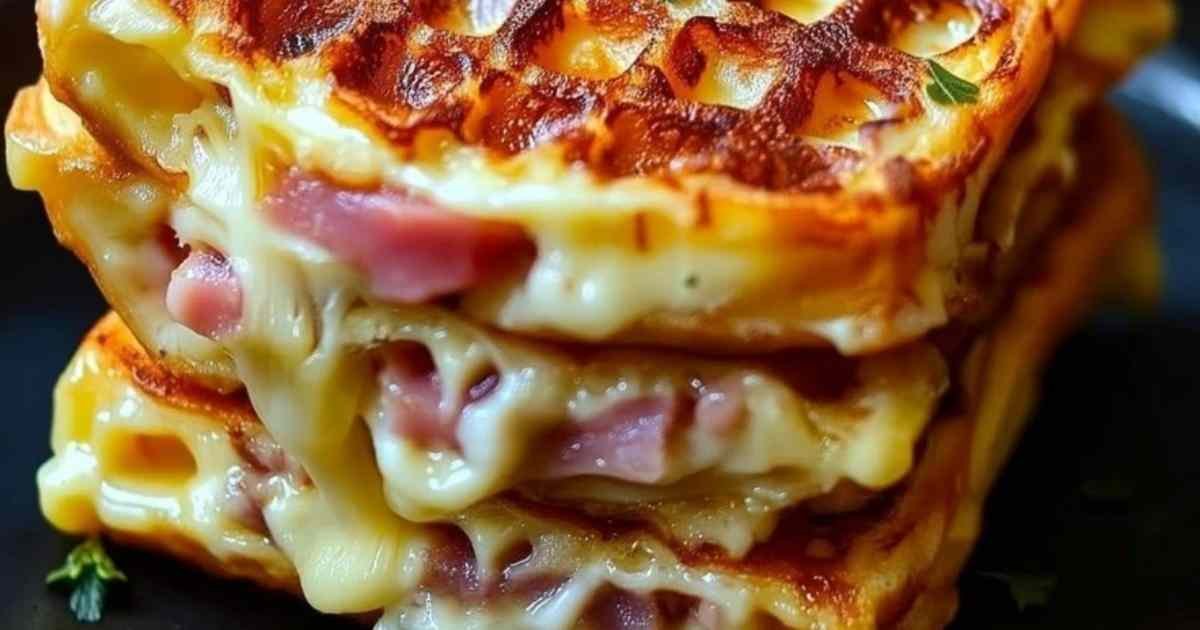 Gaufres salées croustillantes au jambon et fromage sur une assiette