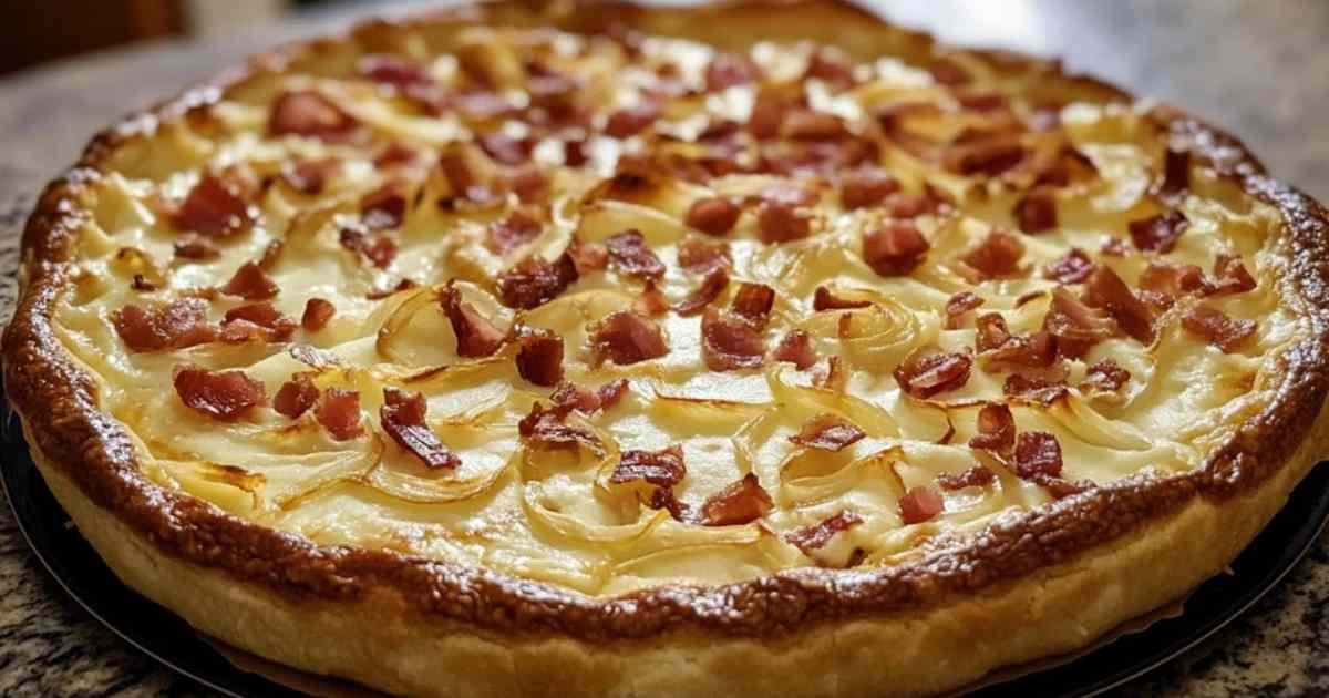 Tarte flambée alsacienne croustillante aux lardons et oignons