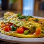 Omelette aux légumes en cours de cuisson dans une poêle