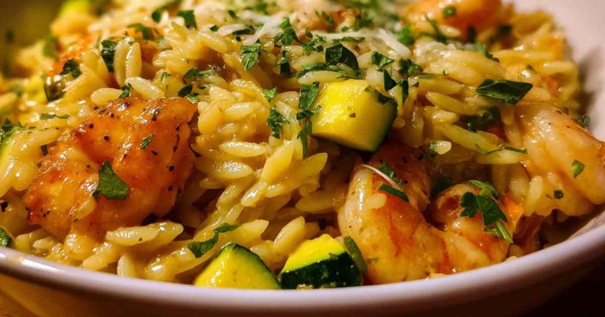 Ingrédients pour one pot orzo aux crevettes et courgette
