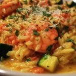 One pot orzo aux crevettes et courgette servi dans une assiette