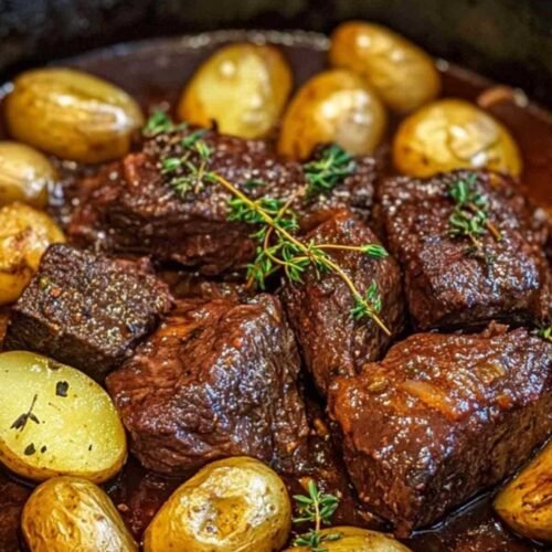 Assiette de paleron de bœuf braisé servi avec pommes de terre et sauce