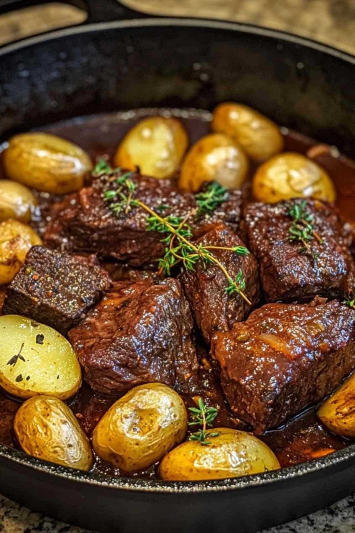 Assiette de paleron de bœuf braisé servi avec pommes de terre et sauce
