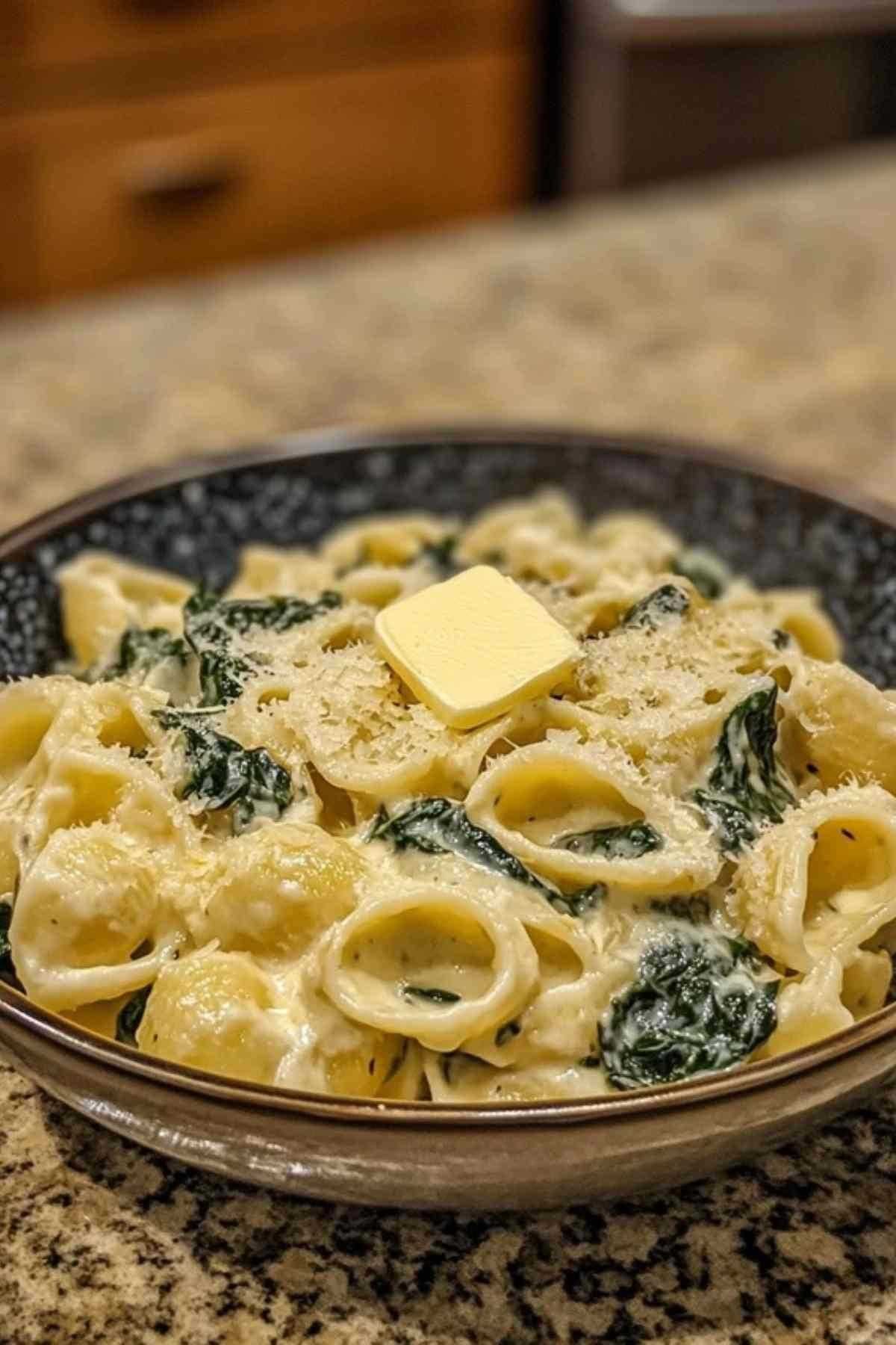 Pâtes à la ricotta et aux épinards dans une assiette creuse