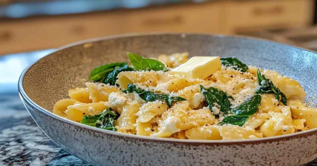 Mélange des pâtes avec la ricotta et les épinards
