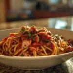 Pâtes au thon servies dans un bol avec parmesan râpé