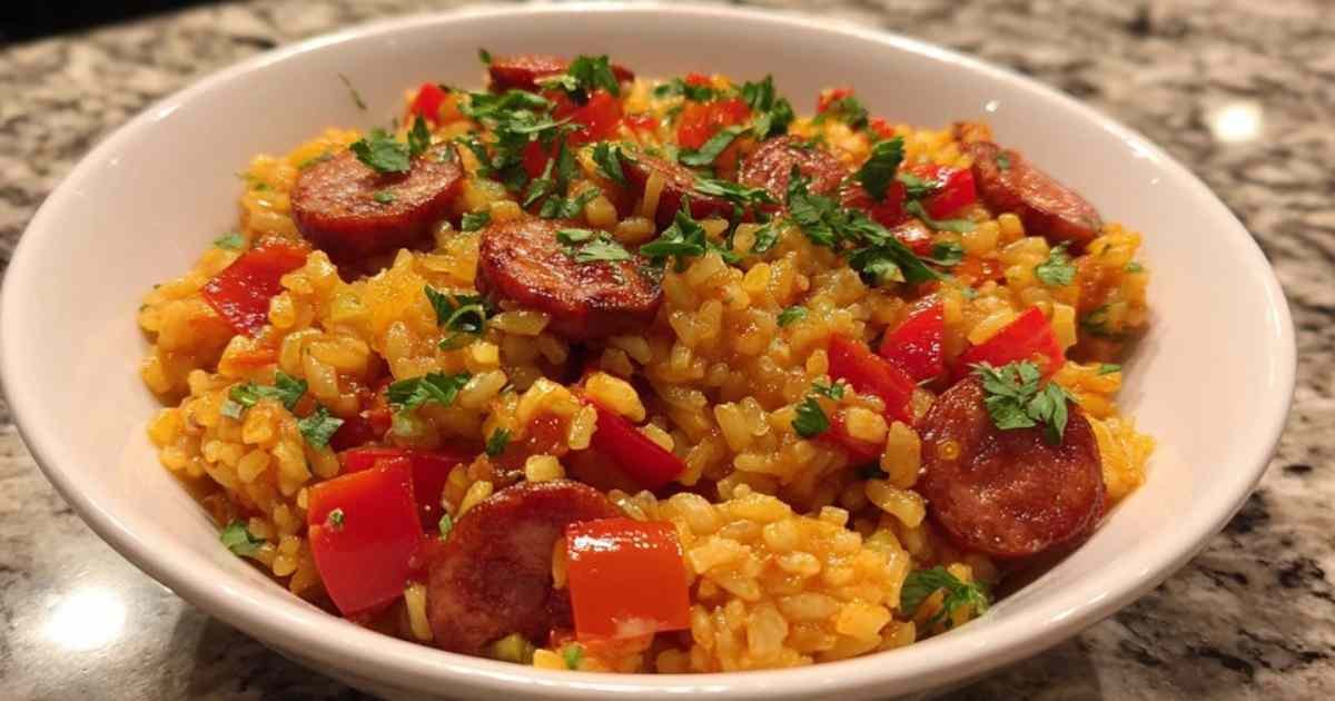 Riz au chorizo et tomate dans un plat de service
