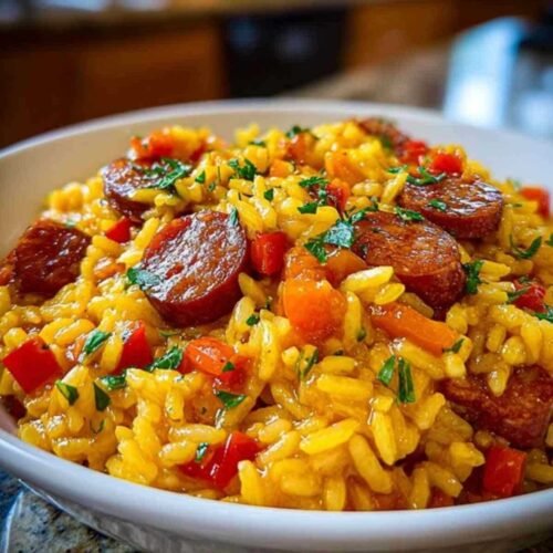 Préparation du riz au chorizo avec légumes et épices