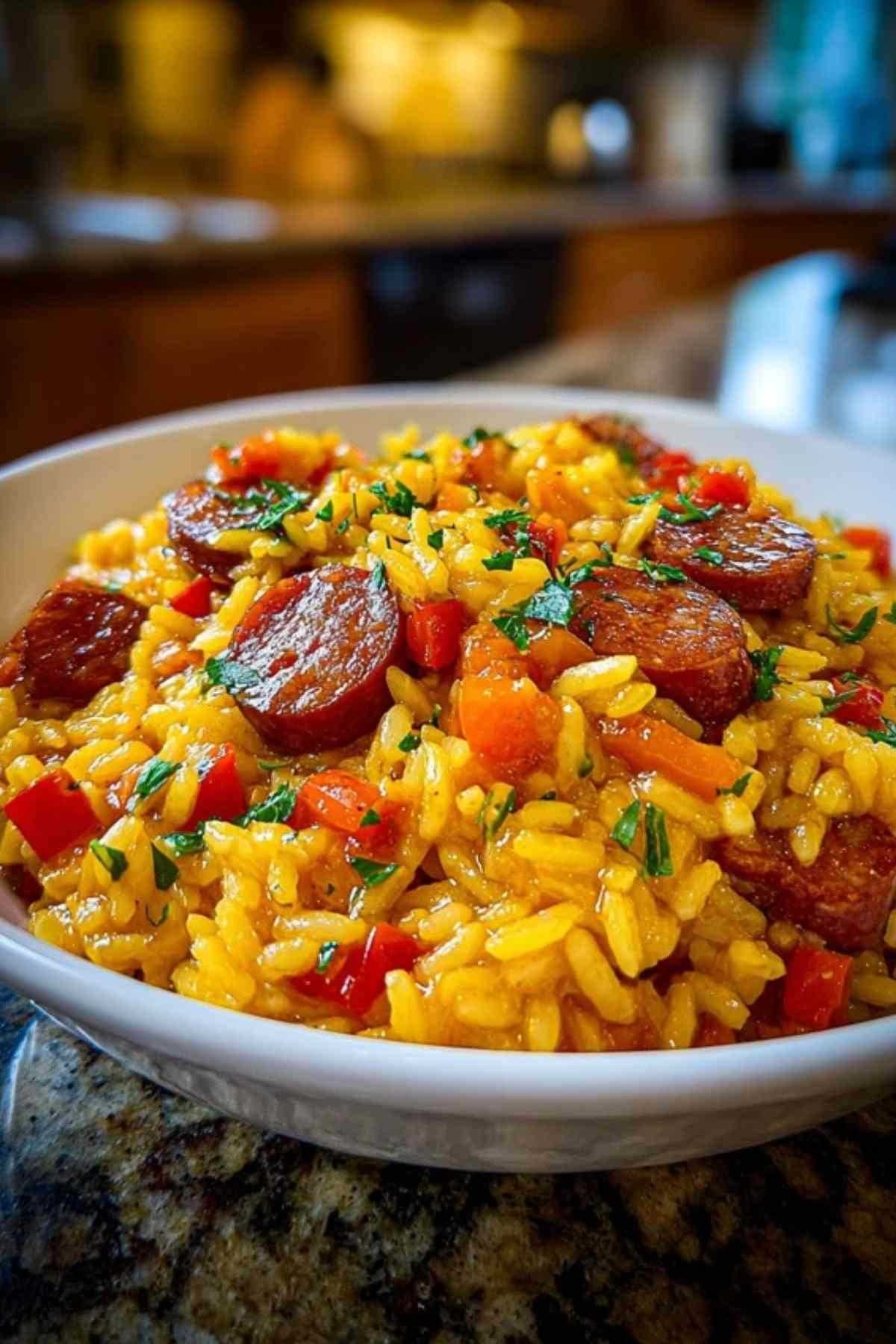 Préparation du riz au chorizo avec légumes et épices