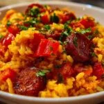 Riz au chorizo servi avec salade verte et pain à l’ail