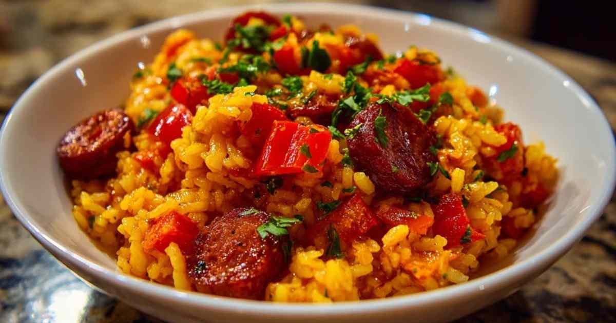 Riz au chorizo servi avec salade verte et pain à l’ail