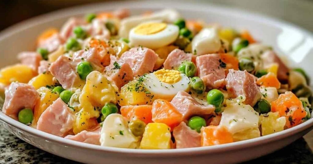 Préparation de la salade russe murciana, légumes coupés en dés