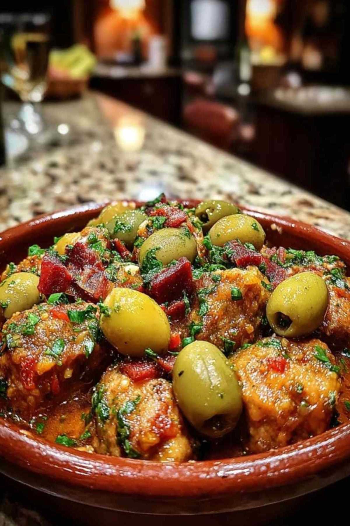 Assiette de sauté de veau aux olives servi avec des tagliatelles