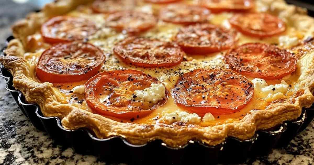 Tarte au thon et à la tomate dorée sortie du four