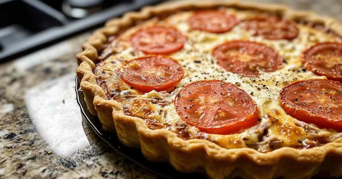 Part de tarte au thon et tomate servie avec salade verte