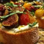 Gros plan sur une bruschetta individuelle montrant la texture crémeuse de la burrata et les figues rôties au miel.