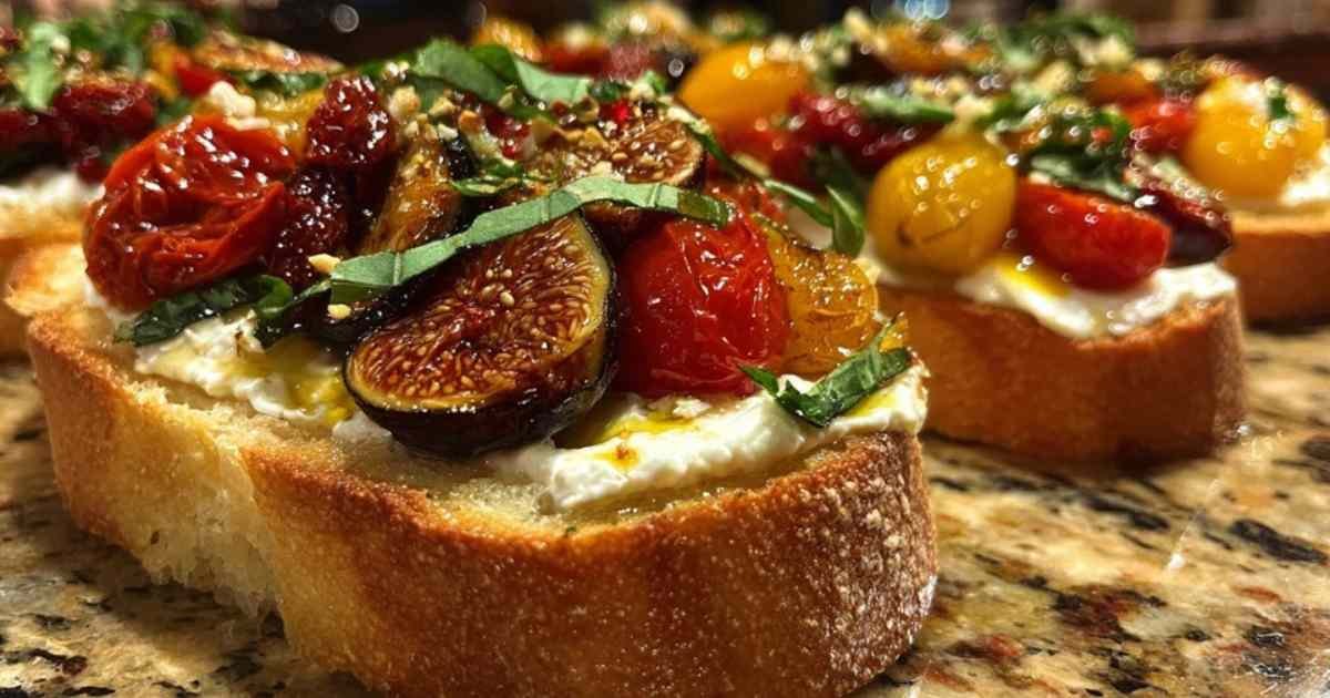 Gros plan sur une bruschetta individuelle montrant la texture crémeuse de la burrata et les figues rôties au miel.