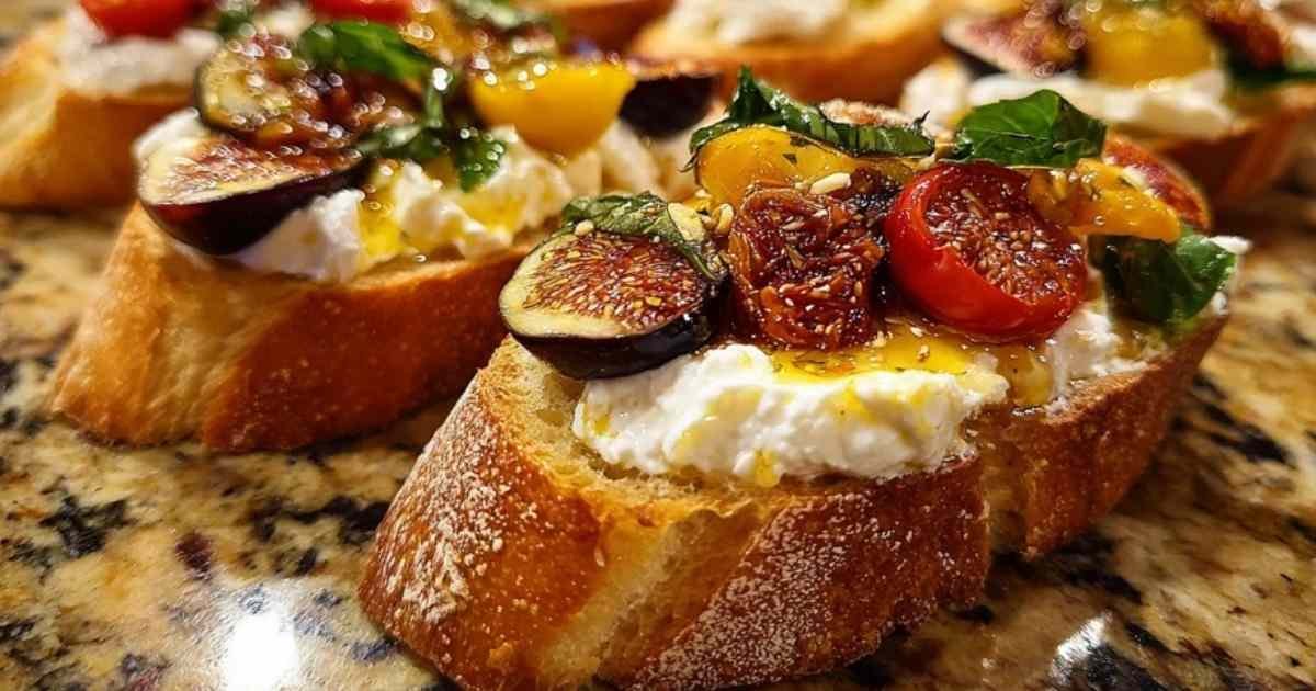 Ingrédients pour la recette de bruschetta burrata figues disposés sur un plan de travail en bois.