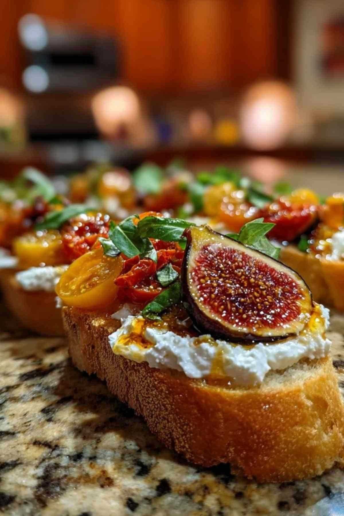 Plat de service présentant plusieurs bruschettas burrata figues garnies de basilic frais.