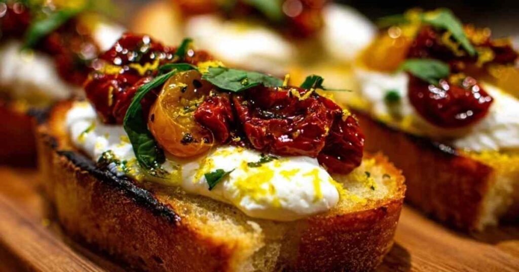 Gros plan sur une bruschetta individuelle montrant la texture crémeuse de la burrata coulant sur les tomates confites.