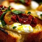 Gros plan sur une bruschetta individuelle montrant la texture crémeuse de la burrata coulant sur les tomates confites.