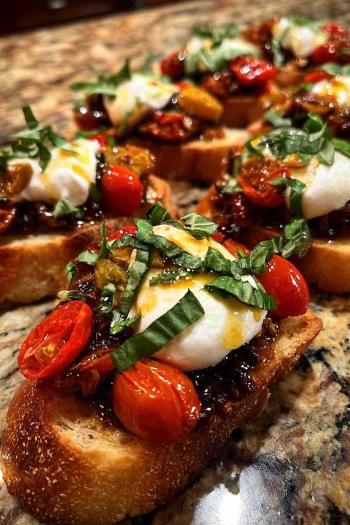 Plusieurs bruschettas à la tapenade, tomates confites et burrata, garnies de basilic frais et servies sur une planche en bois.
