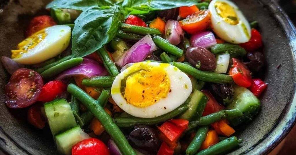 Gros plan sur la vinaigrette à la moutarde versée sur la salade tunisienne.