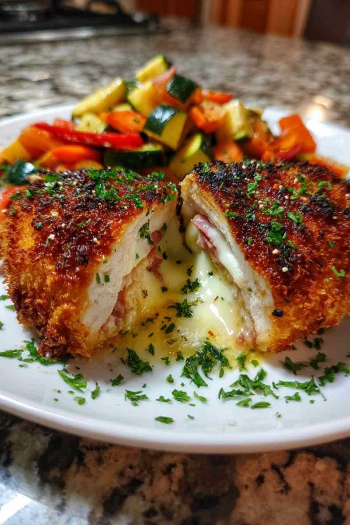 Ingrédients pour cordon bleu de poulet disposés sur plan de travail