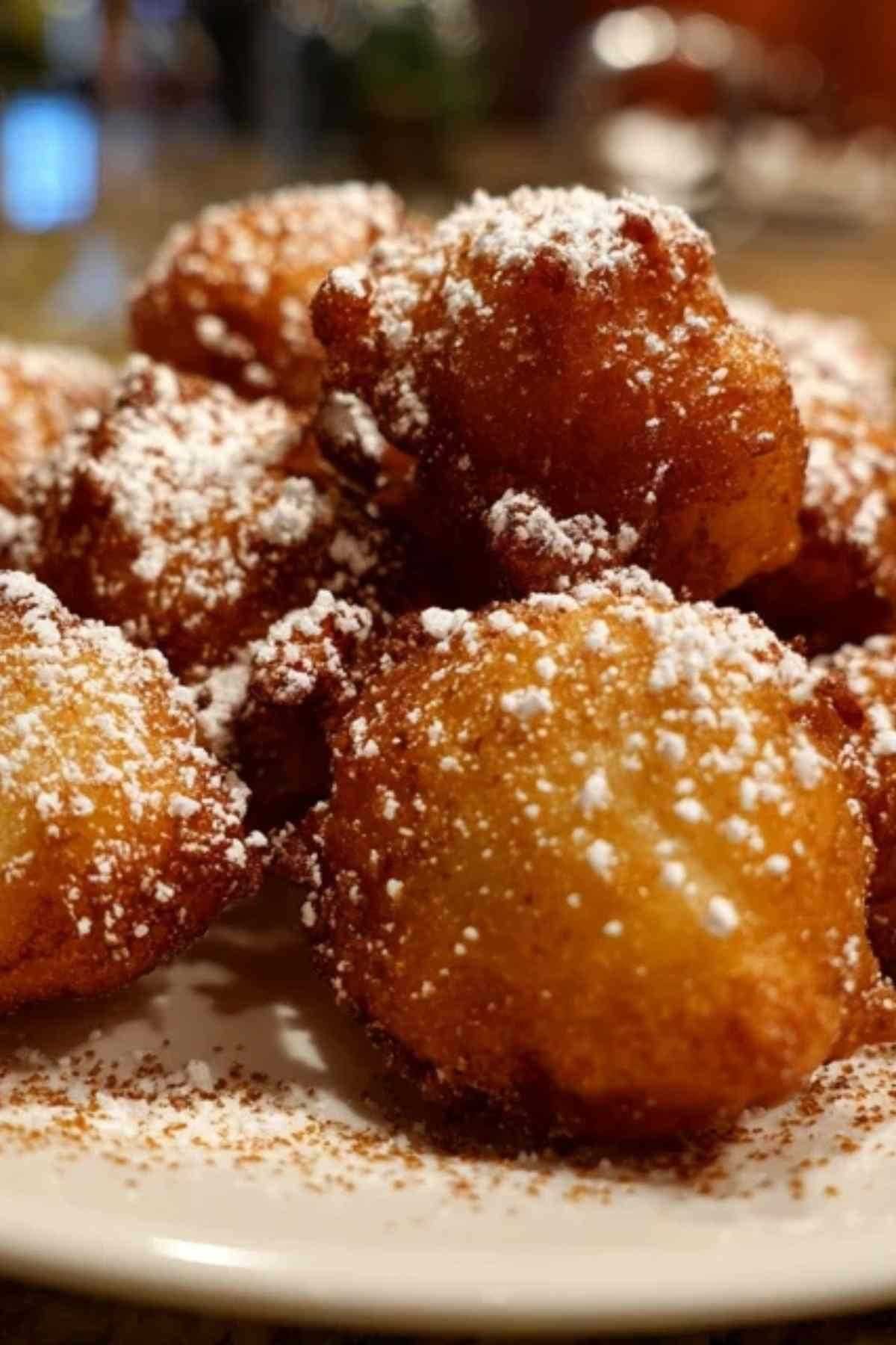 Une assiette de beignets aux pommes dorés et croustillants, généreusement saupoudrés de sucre et de cannelle.