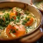 Une cocotte individuelle de blanquette de saumon crémeuse, parsemée de persil et de baies roses, servie avec du riz.