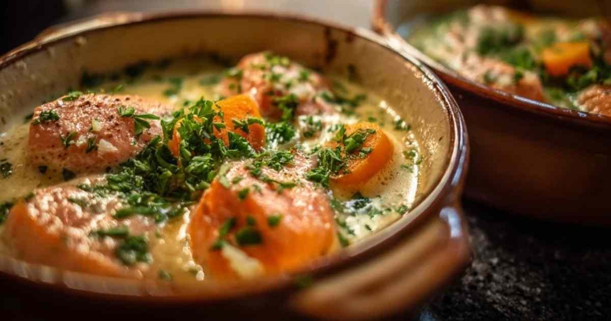 Une cocotte individuelle de blanquette de saumon crémeuse, parsemée de persil et de baies roses, servie avec du riz.