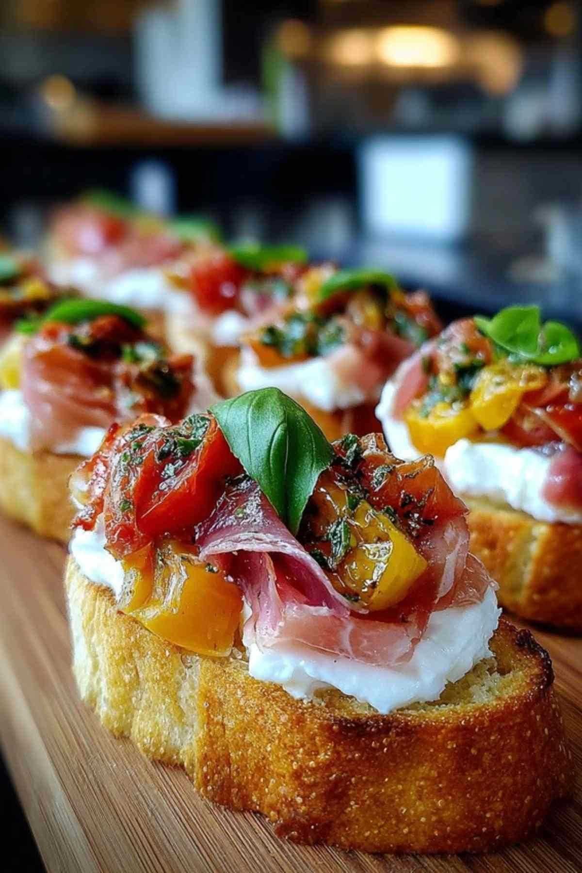 Plusieurs bruschettas à la burrata, tomates confites et jambon de Parme servies sur un plat en bois.