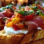 Gros plan sur une seule bruschetta montrant le crémeux de la burrata coulant sur le pain grillé.