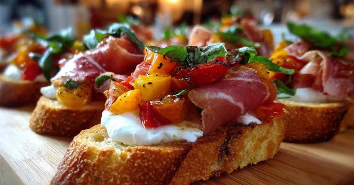 Gros plan sur une seule bruschetta montrant le crémeux de la burrata coulant sur le pain grillé.