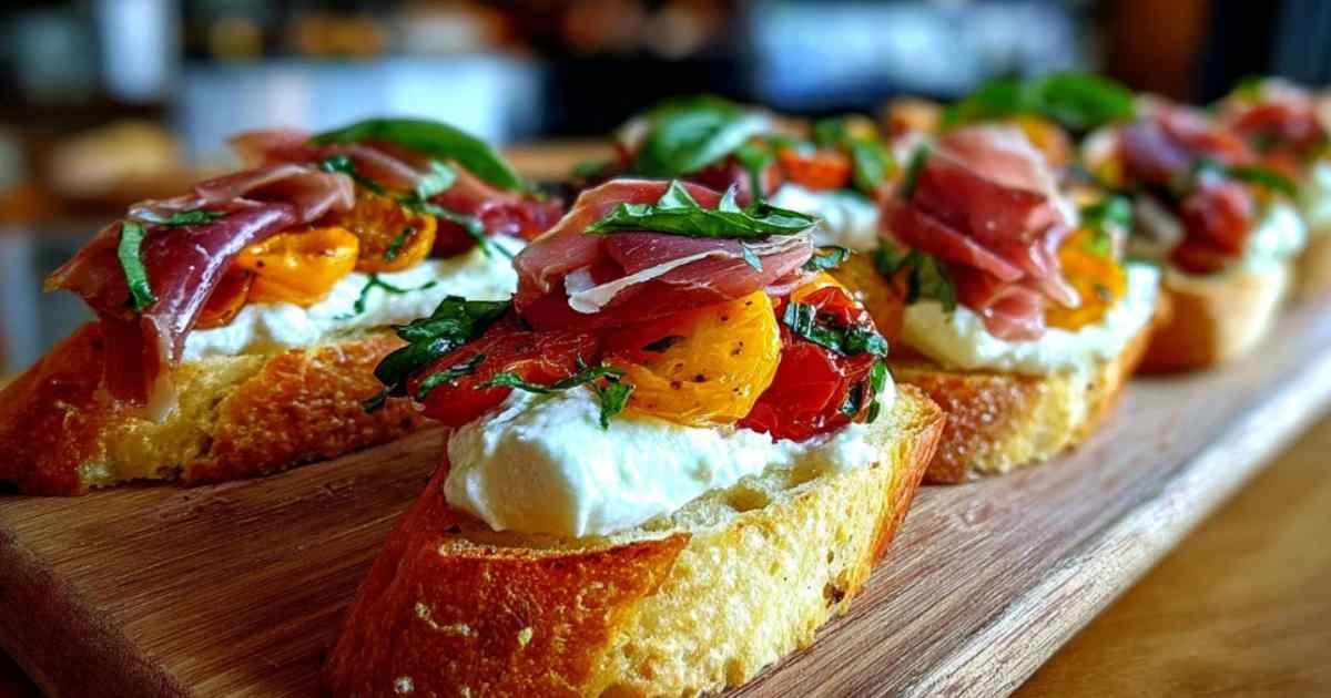 Ingrédients pour la recette de bruschetta burrata disposés sur une table : baguette, burrata, tomates confites, jambon, ail, huile d'olive.