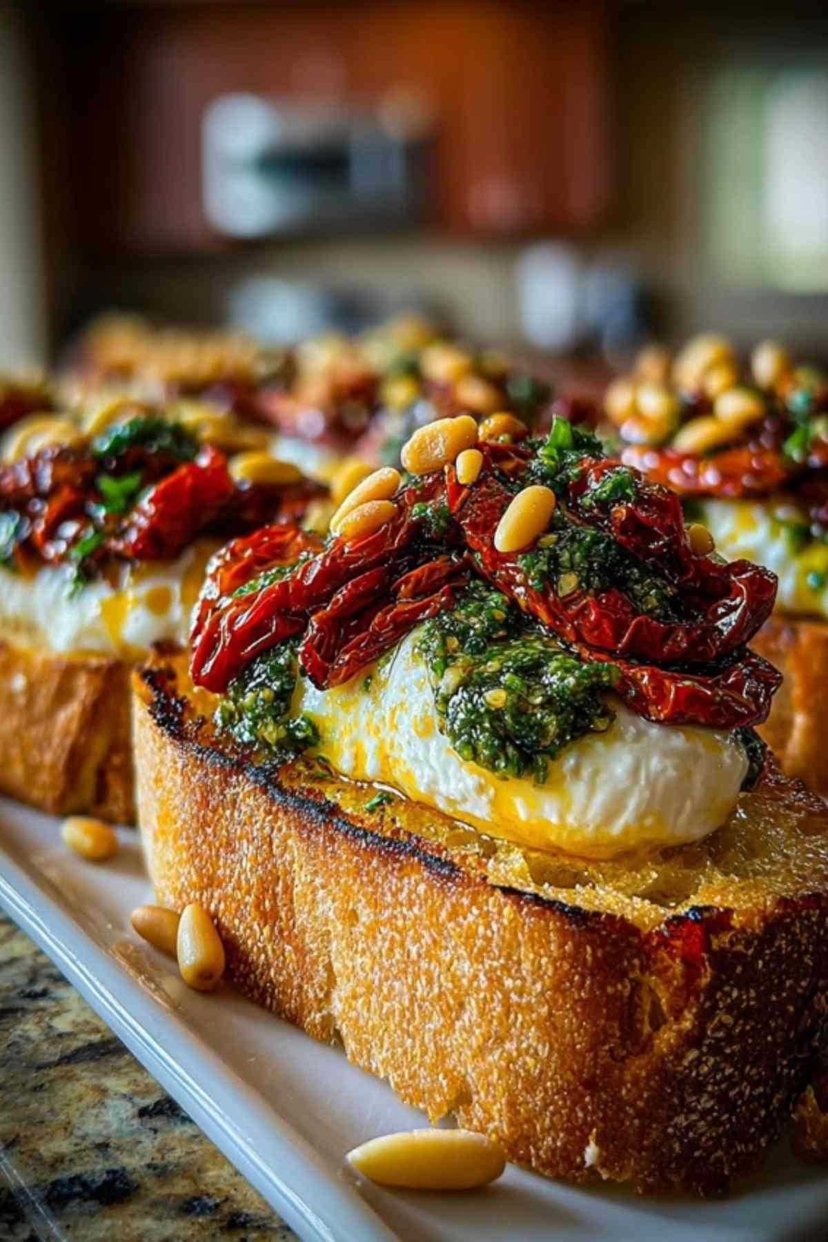 Bruschettas aux tomates confites et burrata avec pesto de basilic frais