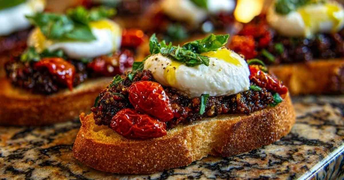 Ingrédients pour la recette de bruschetta : baguette, burrata, tomates confites, ail, citron et basilic.