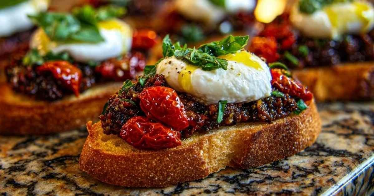 Ingrédients pour la recette de bruschetta : baguette, burrata, tomates confites, ail, citron et basilic.