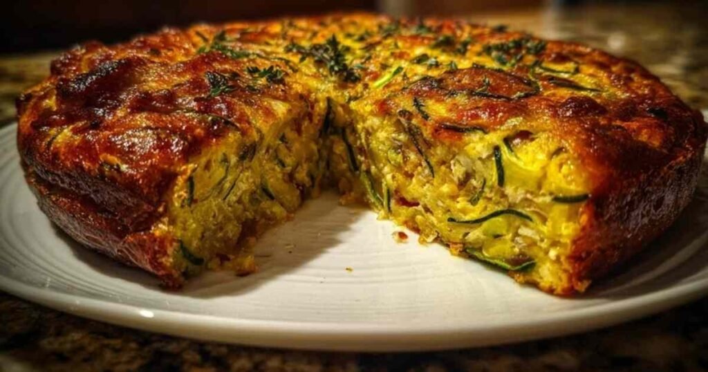 Cake salé entier aux lardons, courgettes et fromage, avec une croûte dorée et gratinée.