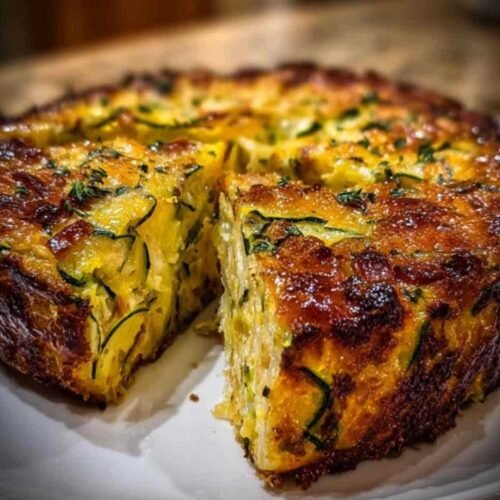Tranche épaisse de cake aux lardons et courgettes révélant un intérieur moelleux et bien garni.