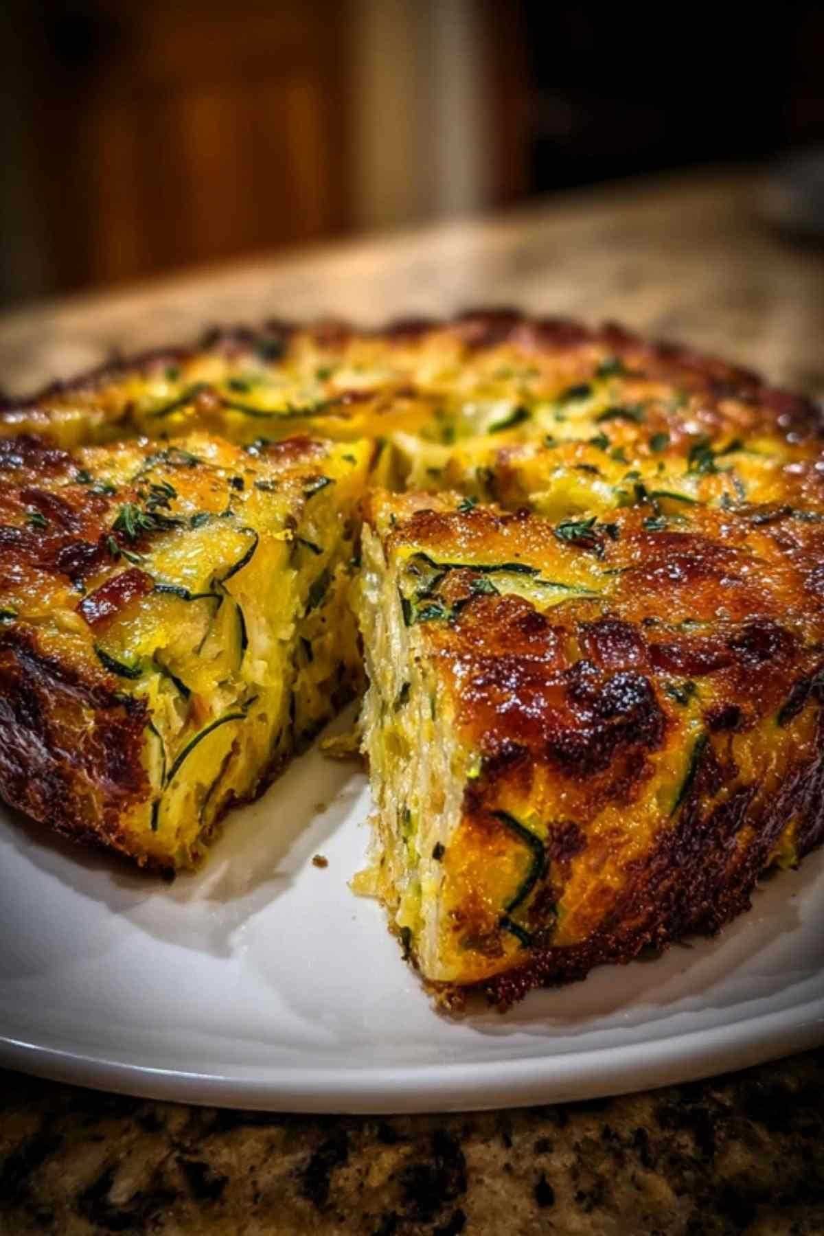 Tranche épaisse de cake aux lardons et courgettes révélant un intérieur moelleux et bien garni.